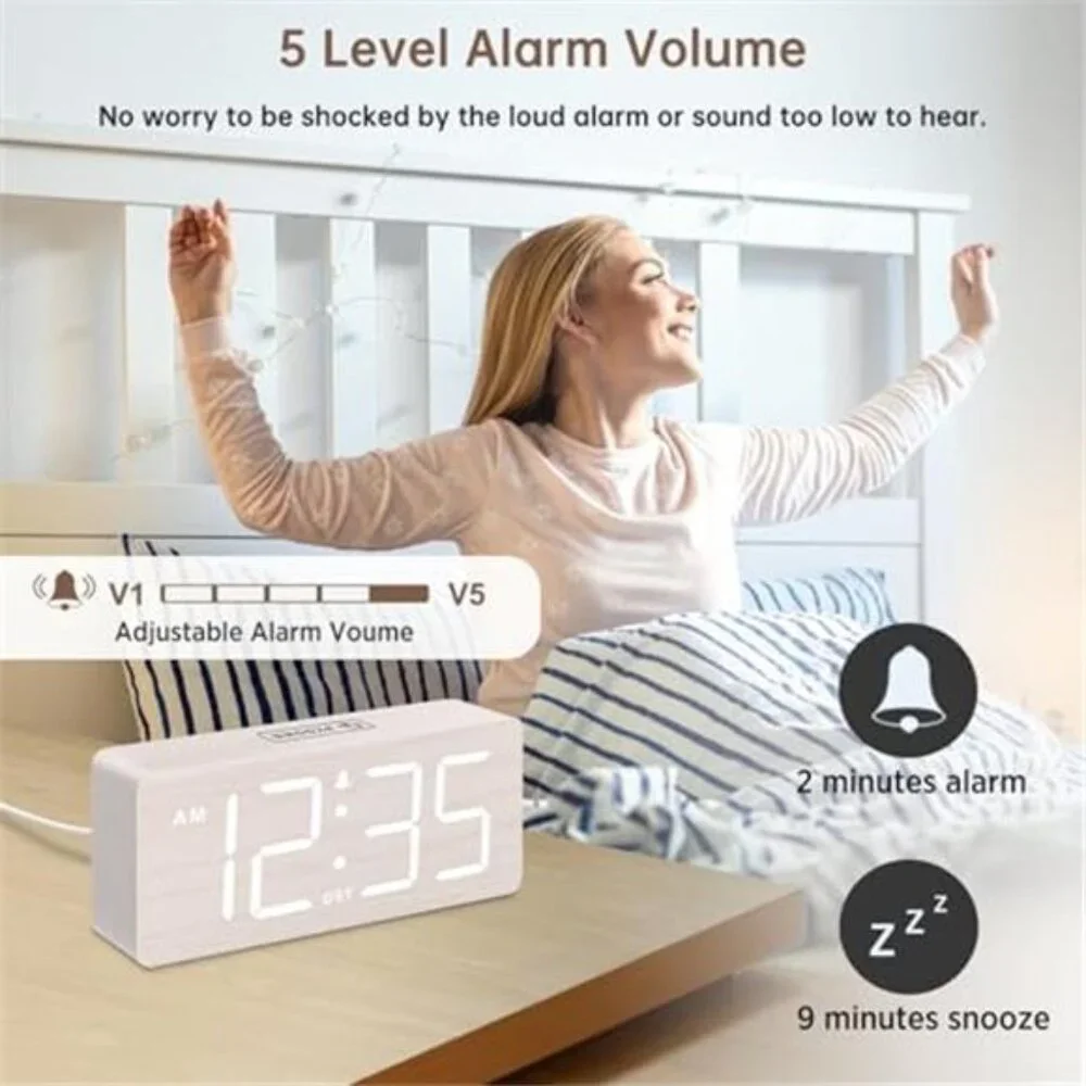 Wooden digital alarm clock large numbers loud alarm dimmer bedside plug in desk